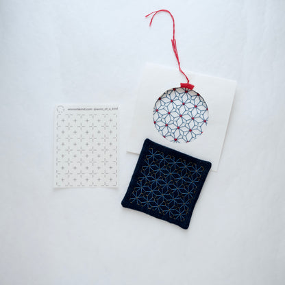 Ajisai (Hydrangea) Kugurizashi pattern used on a Christmas card and a matching fabric coaster.