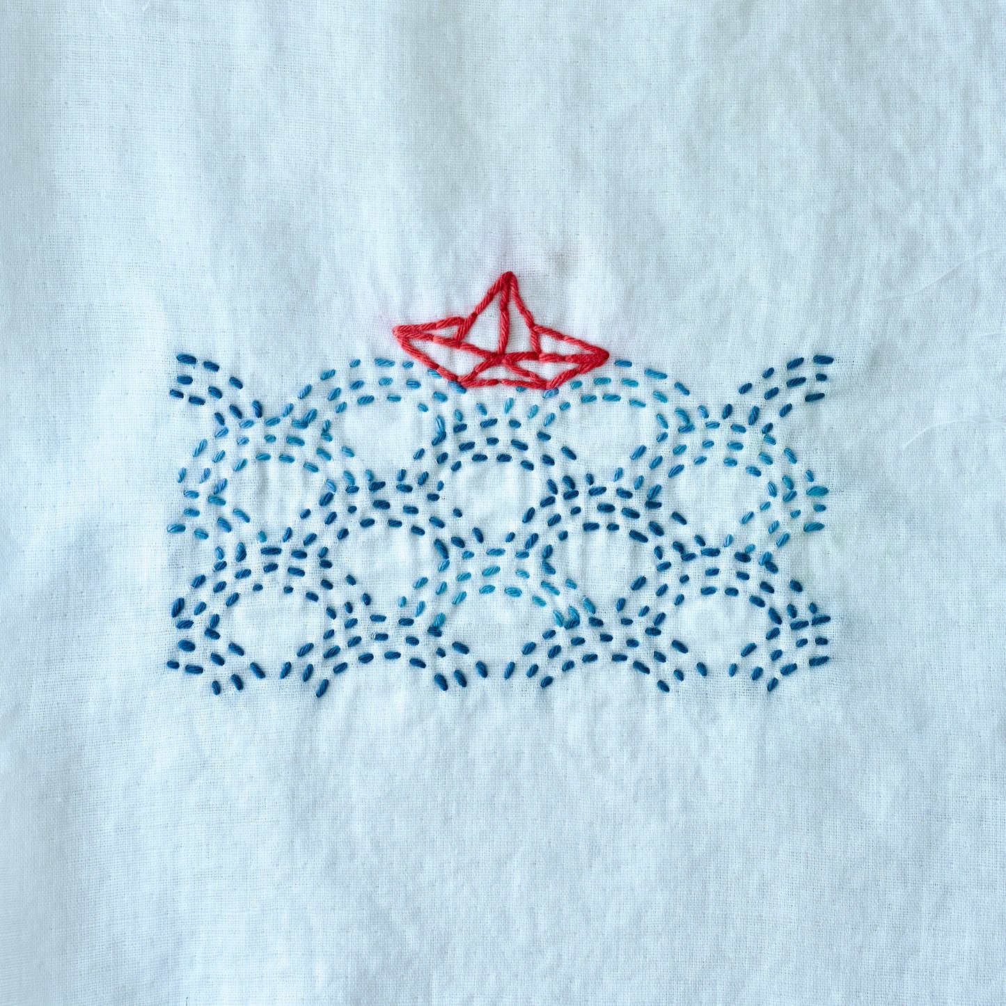 Close-up of a boat Sashiko pattern with traditional wave stitching 