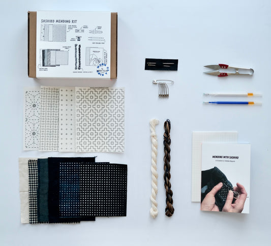 Complete Sashiko mending kit with thread, Boro patches, needles, and gift box by Worn of a Kind Sydney.