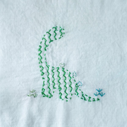 Detailed Sashiko stitching of a dinosaur motif for the letter D.