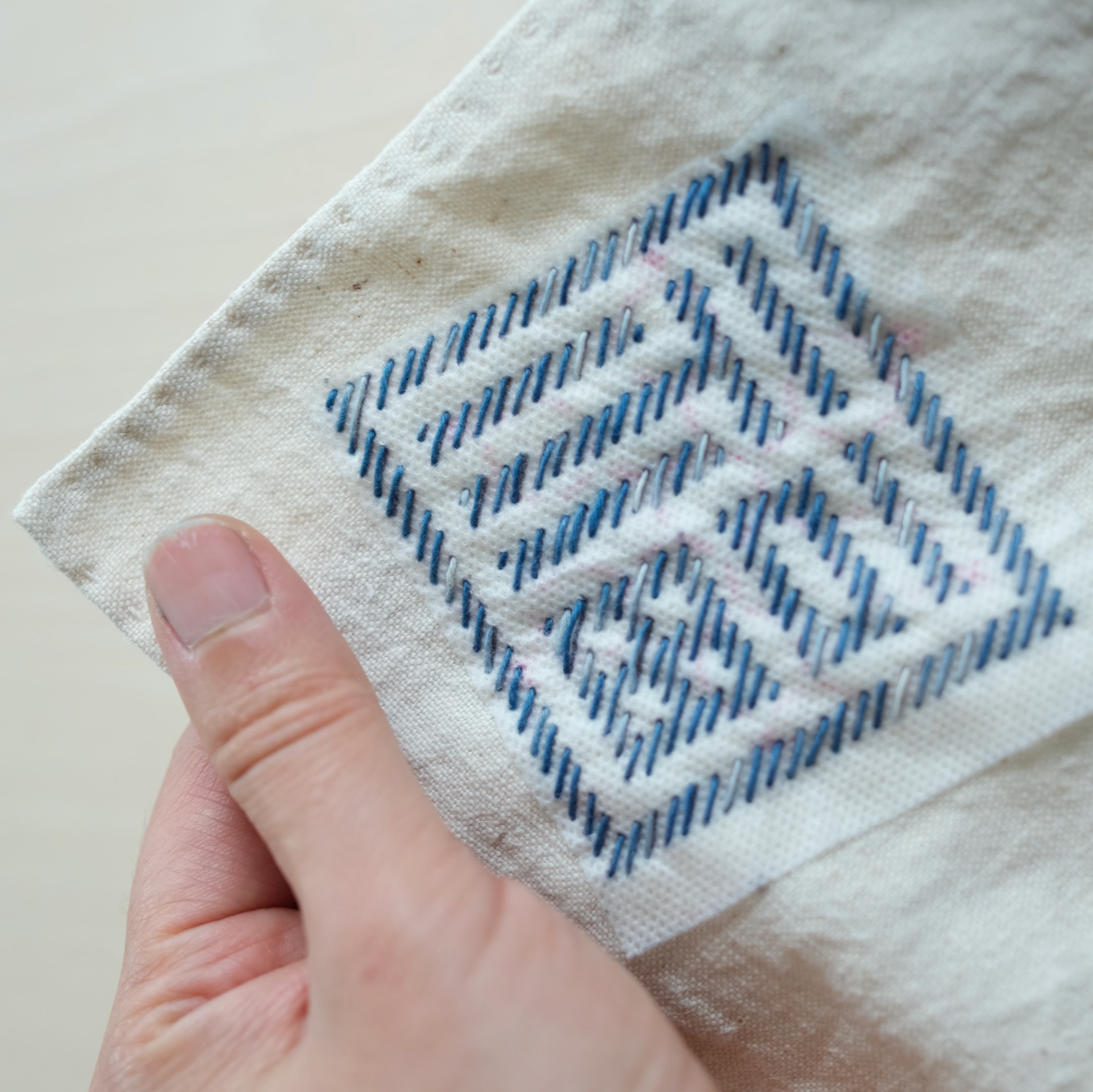 Fuku (Good Fortune) Sashiko embroidery on white linen using a Sulky transfer sticker.