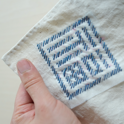 Fuku (Good Fortune) Sashiko embroidery on white linen using a Sulky transfer sticker.