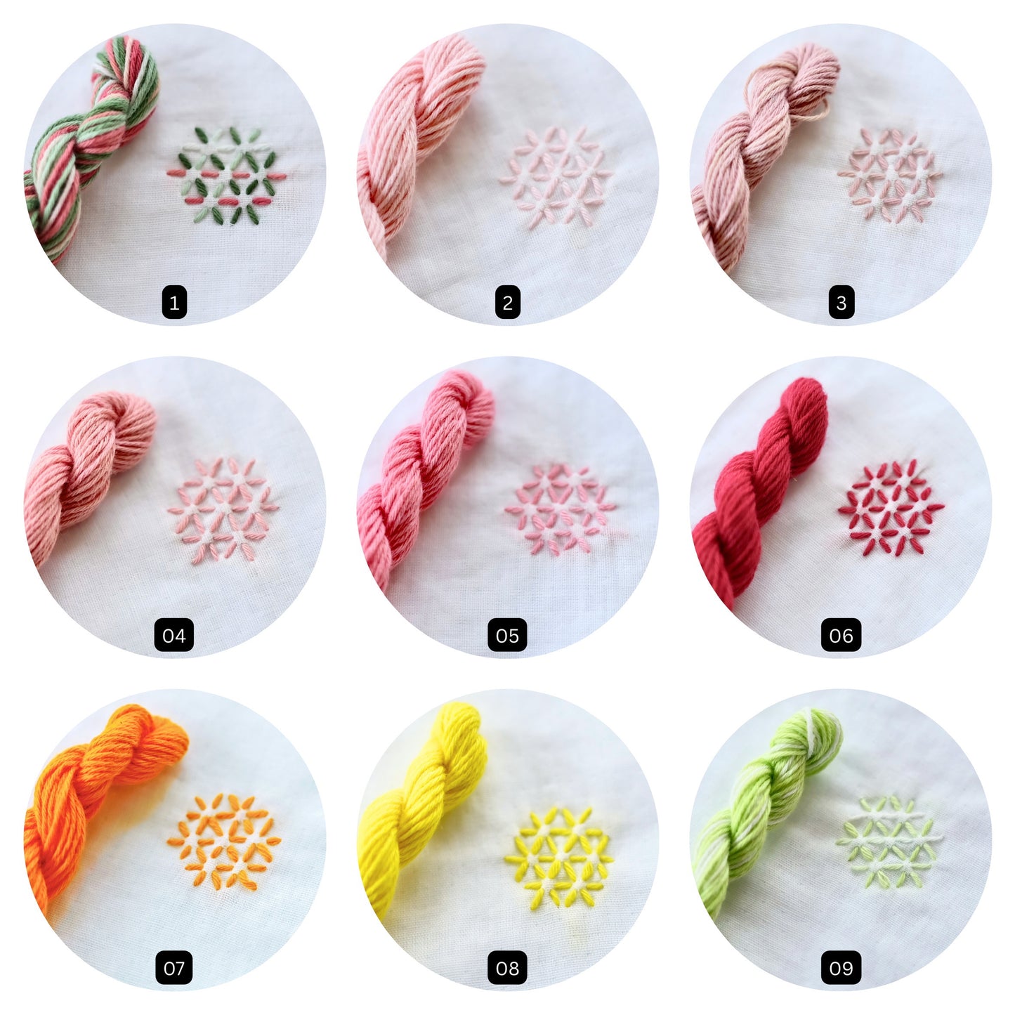 Hand-dyed sashiko thread collage featuring colors 01-09: Candy Cane, Baby Peach, Dusty Pink, Pastel Orange, Coral Pink, Red, Orange, Yellow, and Lime Swirl, with stitched samples.