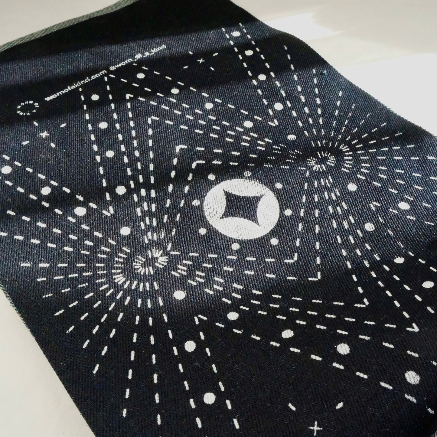 Detailed view of the heat-erasable star pattern stenciled on heavy navy-black denim.