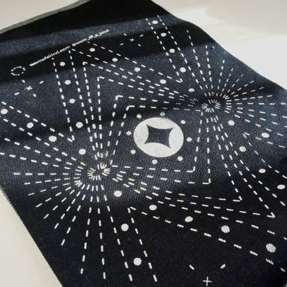 Detailed view of the heat-erasable star pattern stenciled on heavy navy-black denim.