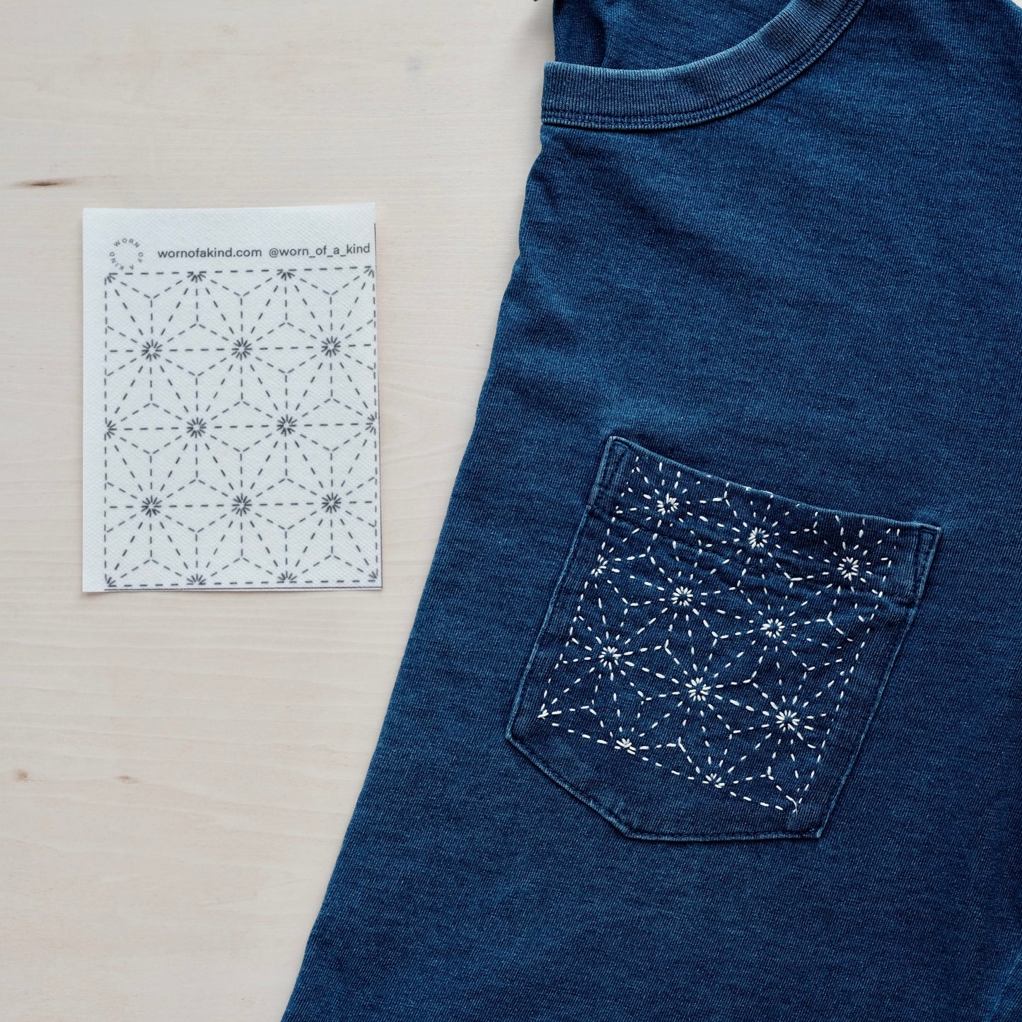 Asano-Ha (Hemp Leaf) Sashiko pattern stitched on a T-shirt pocket with the transfer sheet.