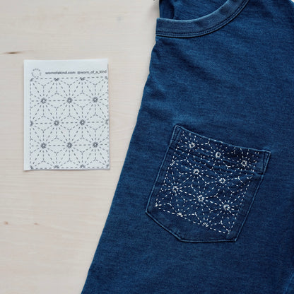 Printed hemp leaf Sashiko transfer next to a finished indigo t-shirt pocket repair.