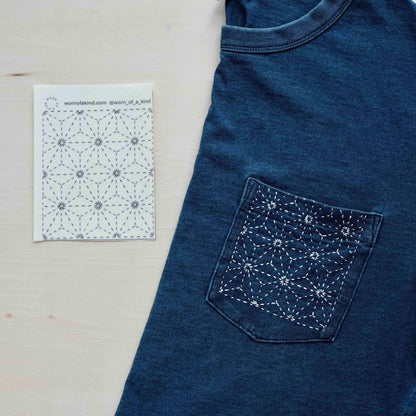 Indigo t-shirt featuring a white hemp leaf sashiko pattern next to a water-soluble transfer sticker.