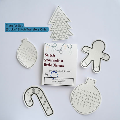 Transfer-Only set for Sashiko Christmas ornaments, featuring 5 Stick 'n Stitch patterns.