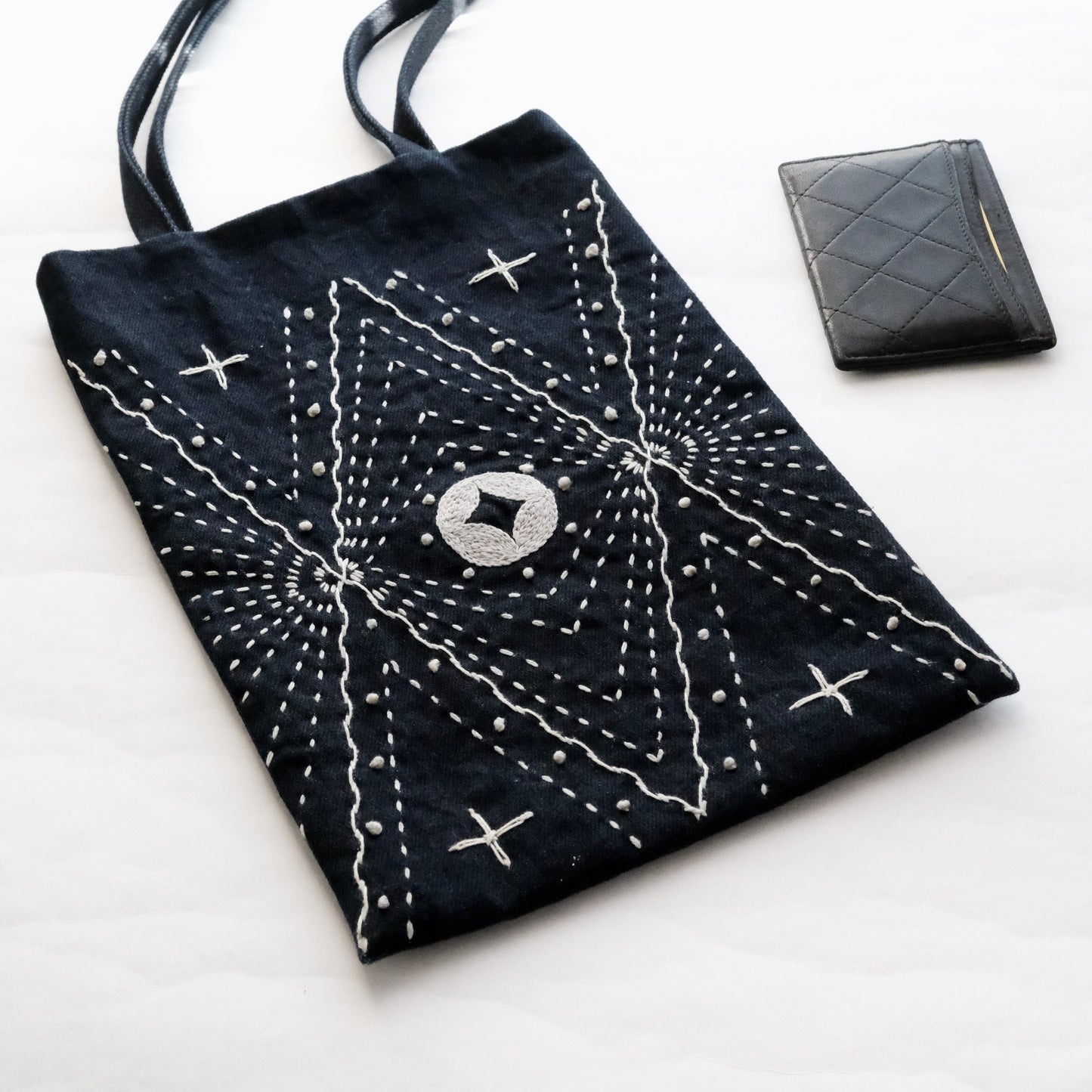 Close-up of the star-shaped Sashiko stitching on heavy navy-black denim with a leather wallet.