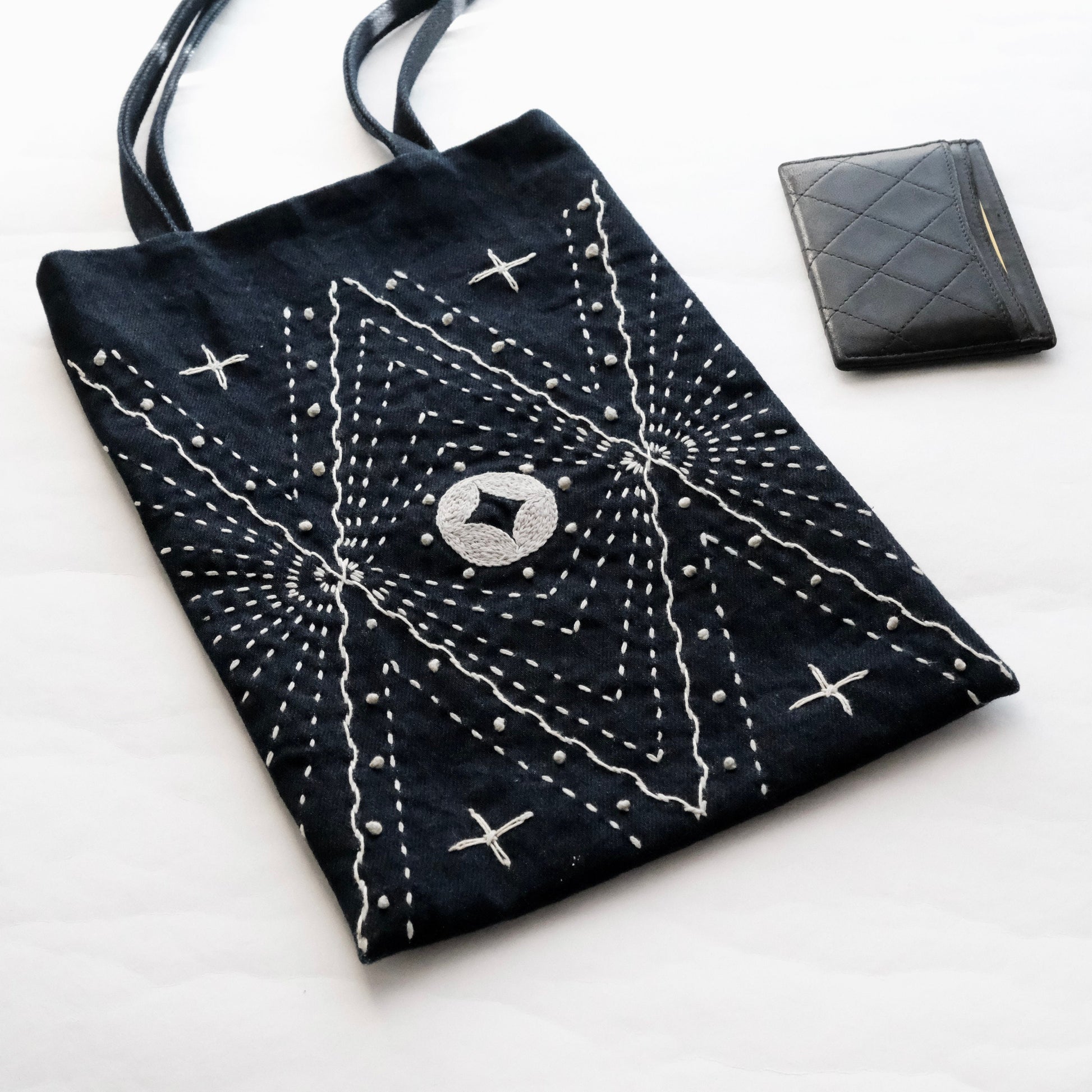 Close-up of the star-shaped Sashiko stitching on heavy navy-black denim with a leather wallet.