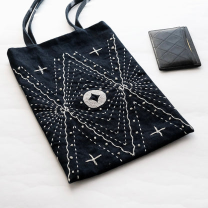 Close-up of the star-shaped Sashiko stitching on heavy navy-black denim with a leather wallet.