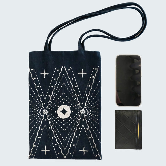 Finished Sashiko Sparkly Bag denim tote shown with an iPhone and wallet for size reference.