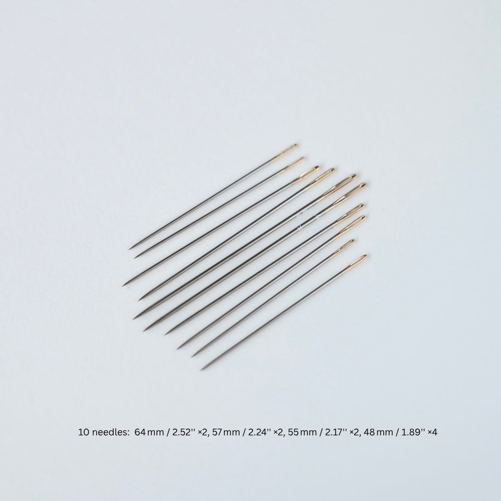 Size guide for 10 Sashiko needles: 64mm, 57mm, 55mm, and 48mm lengths.