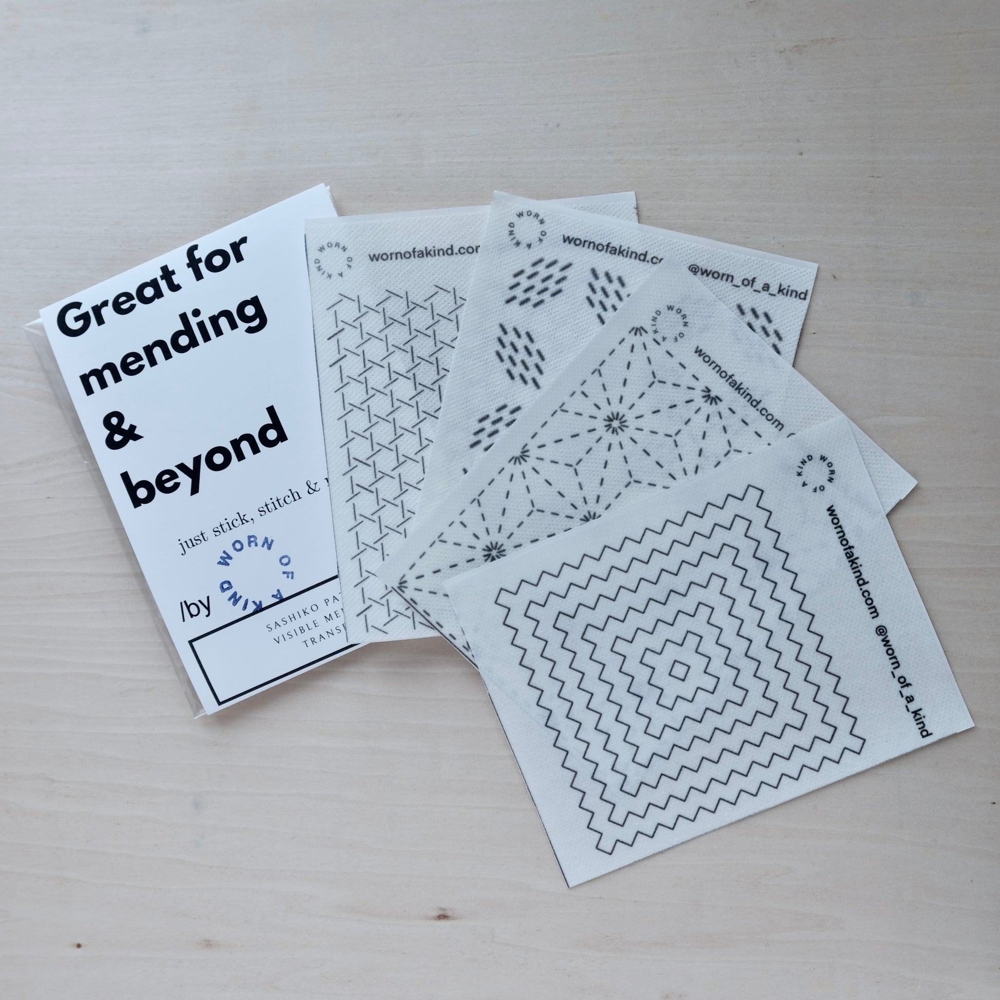 Full Great for Mending & Beyond set showing the cover and all 4 traditional Sashiko pattern sheets.