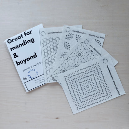 Full Great for Mending & Beyond set showing the cover and all 4 traditional Sashiko pattern sheets.