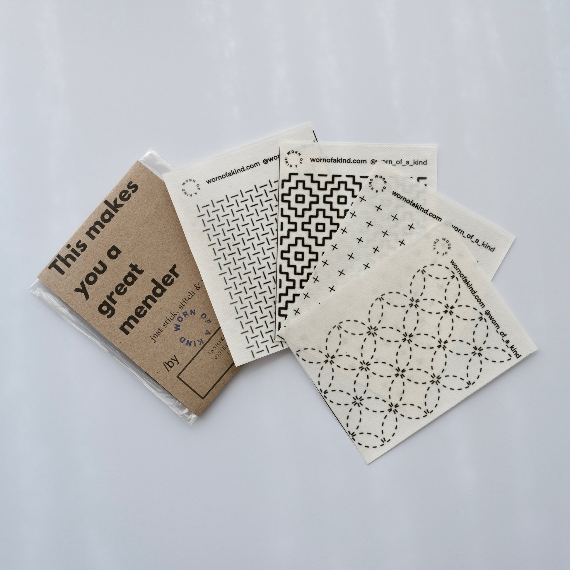 Original Sashiko visible mending set featuring 4 traditional Japanese pattern transfer sheets.