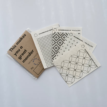 Original Sashiko visible mending set featuring 4 traditional Japanese pattern transfer sheets.
