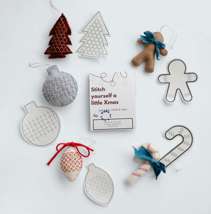 Sashiko Christmas Ornament Kit with 5 wool felt ornaments and matching Stick 'n Stitch transfers.