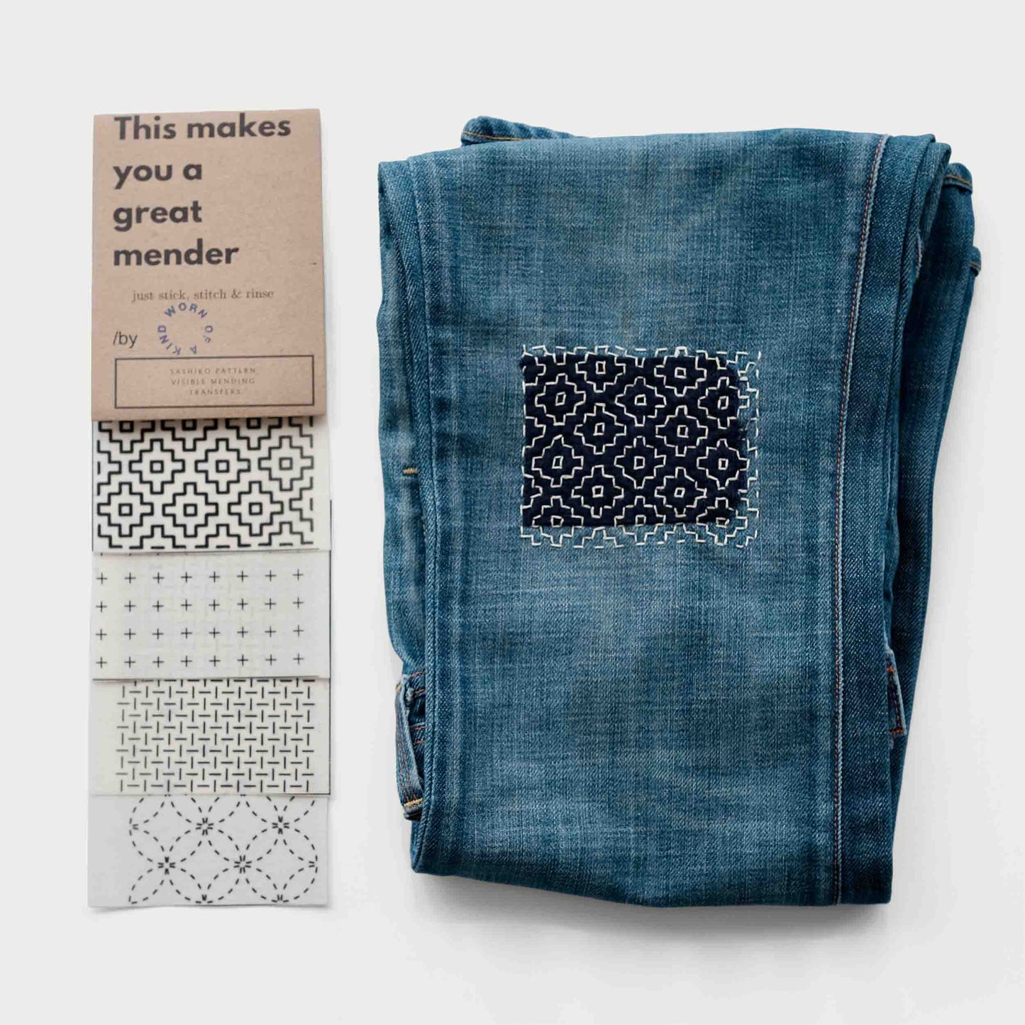 This Makes You a Great Mender Sashiko set with 4 patterns and Persimmon Flower sample on denim.