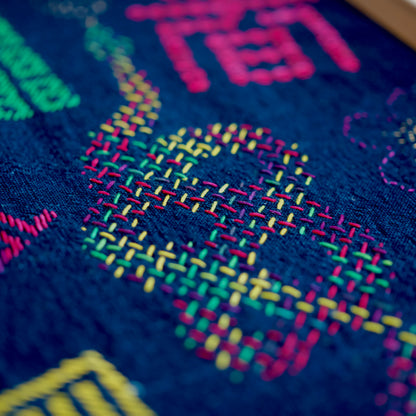 Close-up of a finished Year of the Snake sashiko pattern inspired by basket weaving textures.